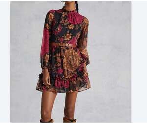 Porridge Dress Womens XL Black Floral Chiffon Ruffle Backless Long Sleeve Mini